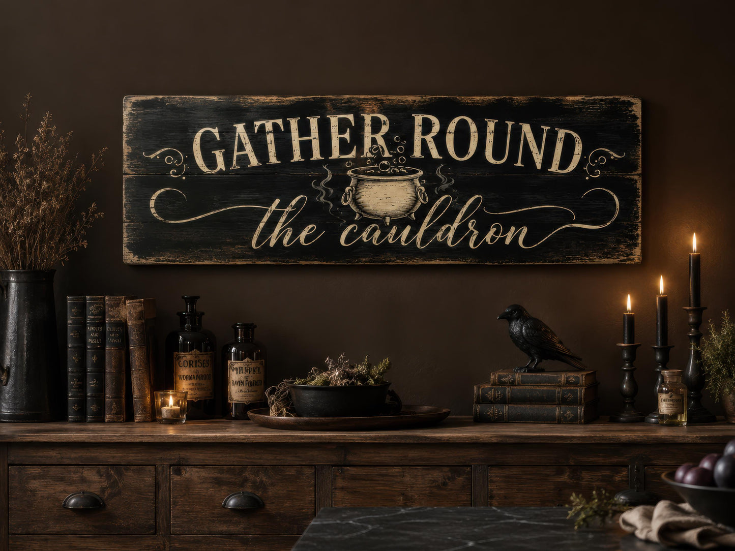 Halloween Wall Art - Gather Round Sign | Witchy Cauldron Wall Decor