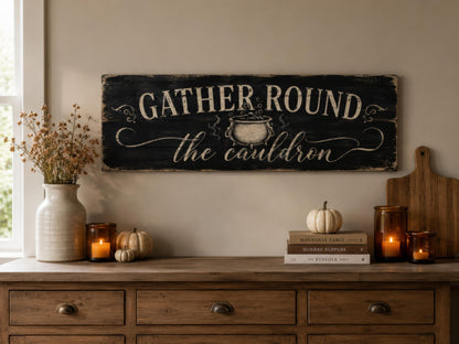 Halloween Wall Art - Gather Round Sign | Witchy Cauldron Wall Decor