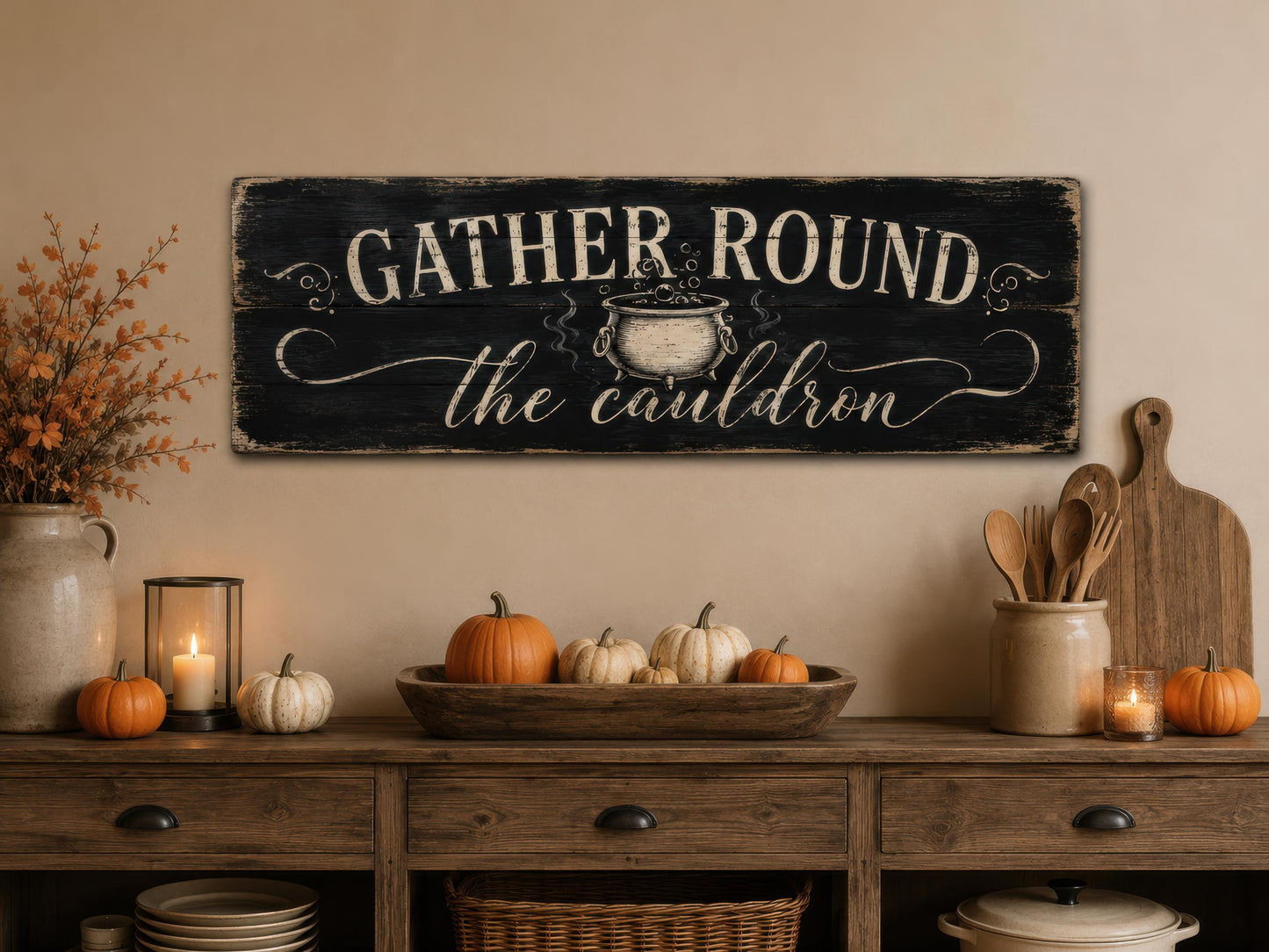 Halloween Wall Art - Gather Round Sign | Witchy Cauldron Wall Decor