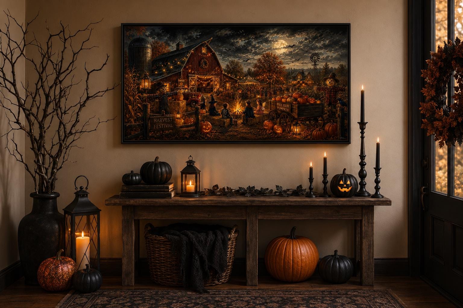 Halloween Wall Art – Harvest Festival Canvas Print With Kids Costume & Bonfire Scene