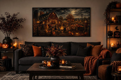 Halloween Wall Art – Harvest Festival Canvas Print With Kids Costume & Bonfire Scene