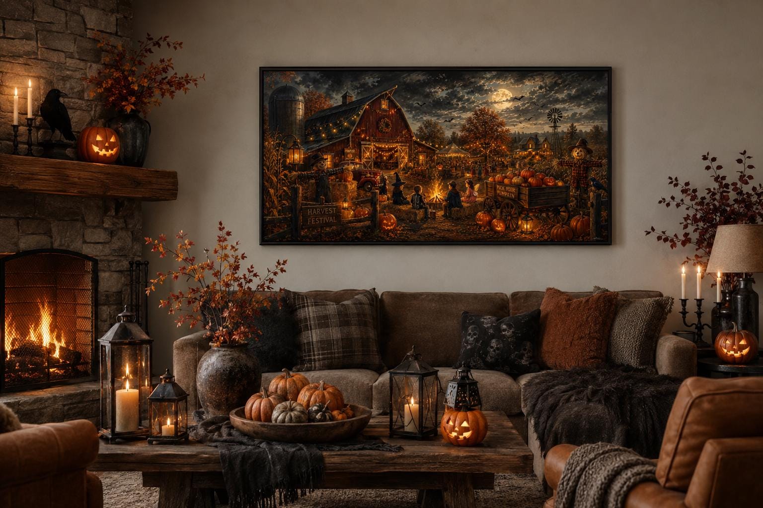 Halloween Wall Art – Harvest Festival Canvas Print With Kids Costume & Bonfire Scene
