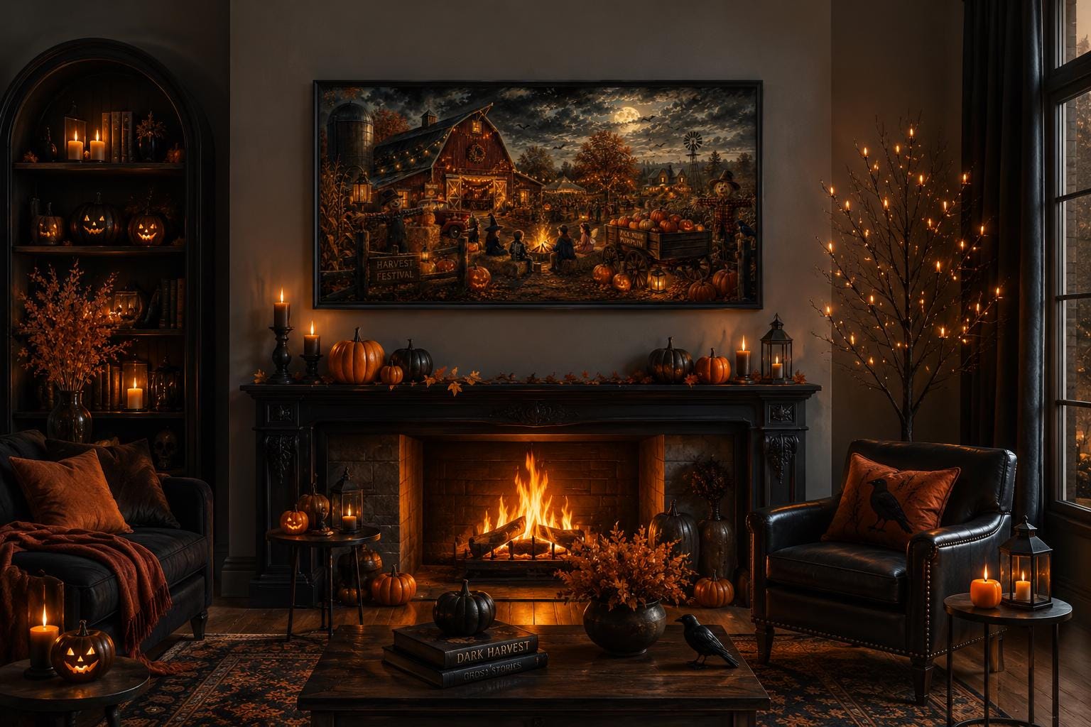 Halloween Wall Art – Harvest Festival Canvas Print With Kids Costume & Bonfire Scene