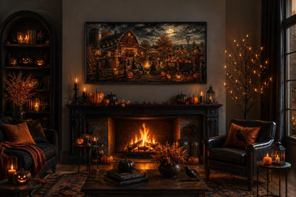 Halloween Wall Art – Harvest Festival Canvas Print With Kids Costume & Bonfire Scene