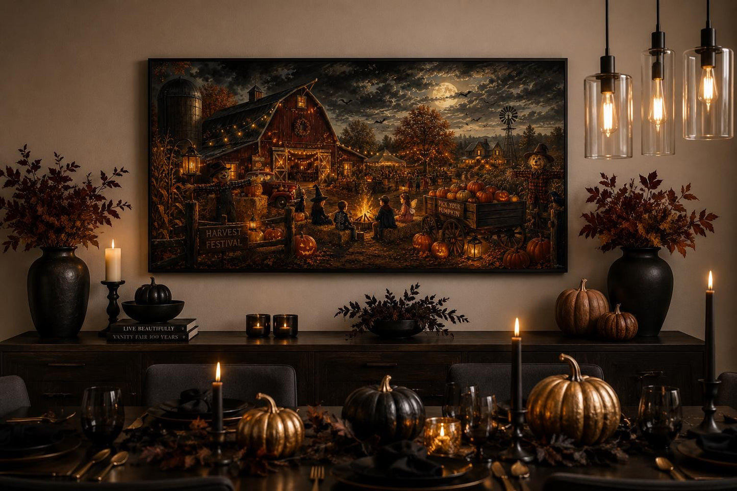 Halloween Wall Art – Harvest Festival Canvas Print With Kids Costume & Bonfire Scene