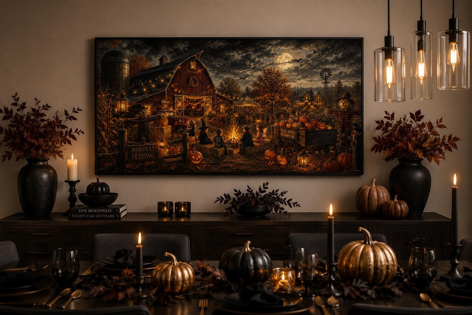 Halloween Wall Art – Harvest Festival Canvas Print With Kids Costume & Bonfire Scene