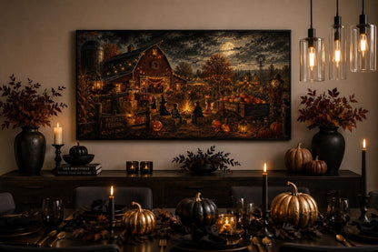 Halloween Wall Art – Harvest Festival Canvas Print With Kids Costume & Bonfire Scene
