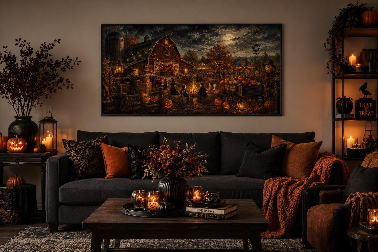 Halloween Wall Art – Harvest Festival Canvas Print With Kids Costume & Bonfire Scene