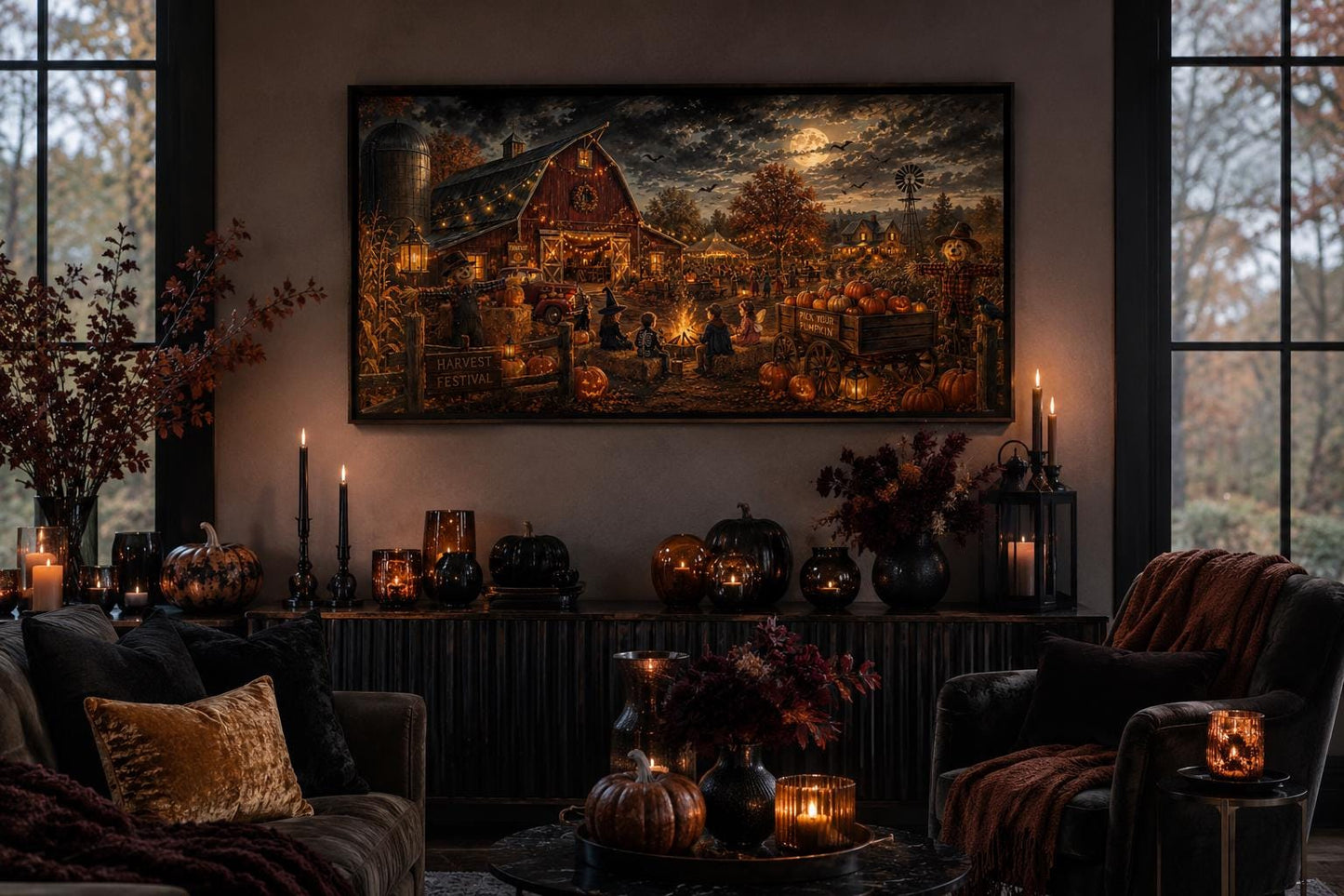 Halloween Wall Art – Harvest Festival Canvas Print With Kids Costume & Bonfire Scene