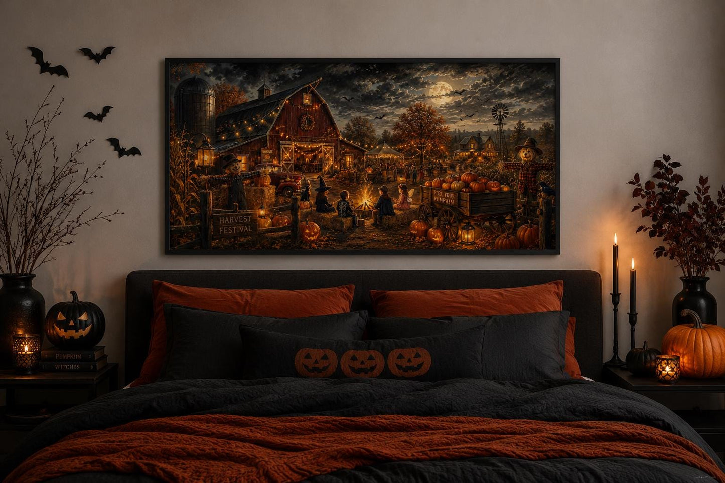 Halloween Wall Art – Harvest Festival Canvas Print With Kids Costume & Bonfire Scene