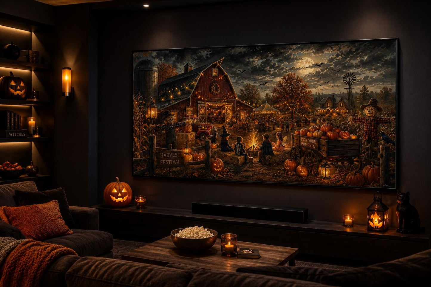 Halloween Wall Art – Harvest Festival Canvas Print With Kids Costume & Bonfire Scene