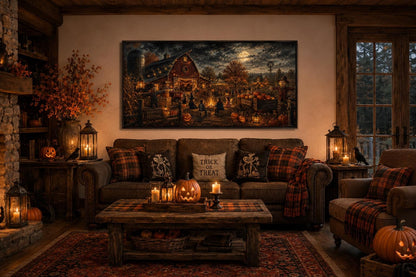 Halloween Wall Art – Harvest Festival Canvas Print With Kids Costume & Bonfire Scene