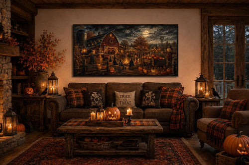 Halloween Wall Art – Harvest Festival Canvas Print With Kids Costume & Bonfire Scene
