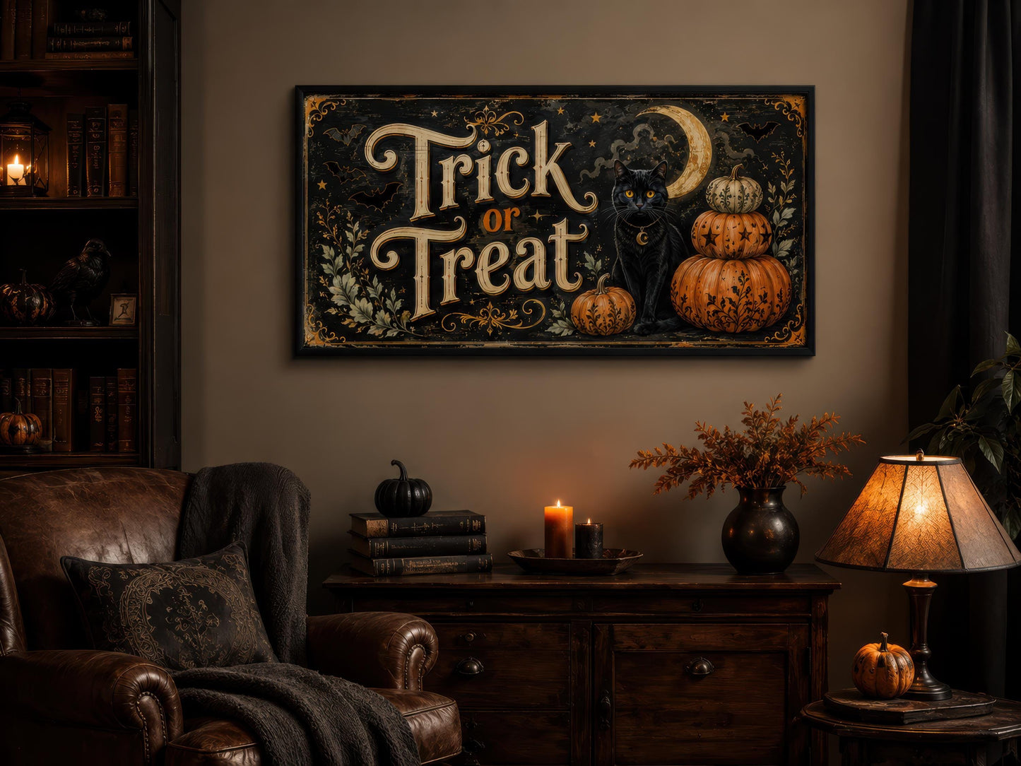 Halloween Wall Art - Vintage Trick Or Treat Sign With Black Cat Pumpkin Canvas Print