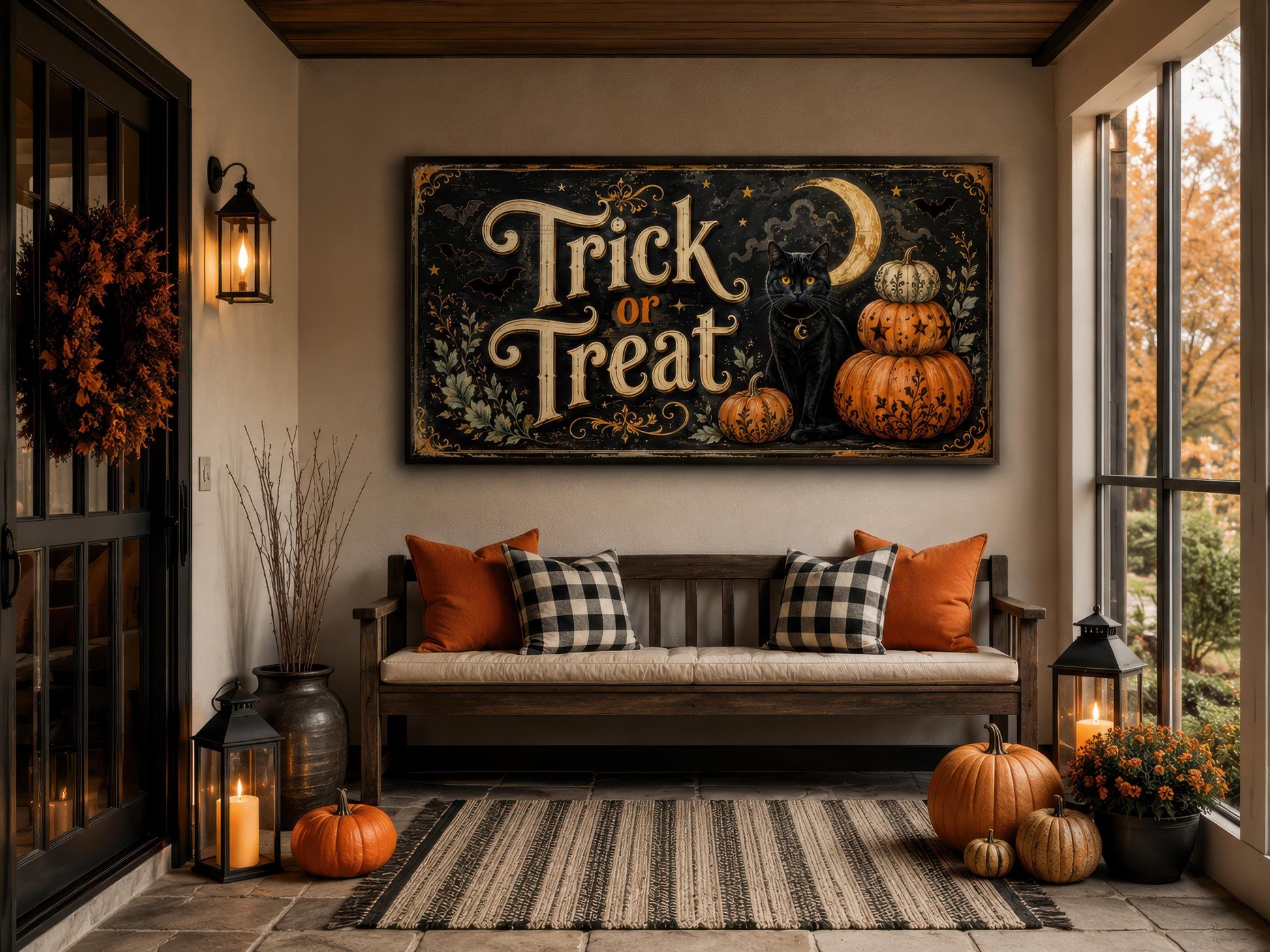 Halloween Wall Art - Vintage Trick Or Treat Sign With Black Cat Pumpkin Canvas Print