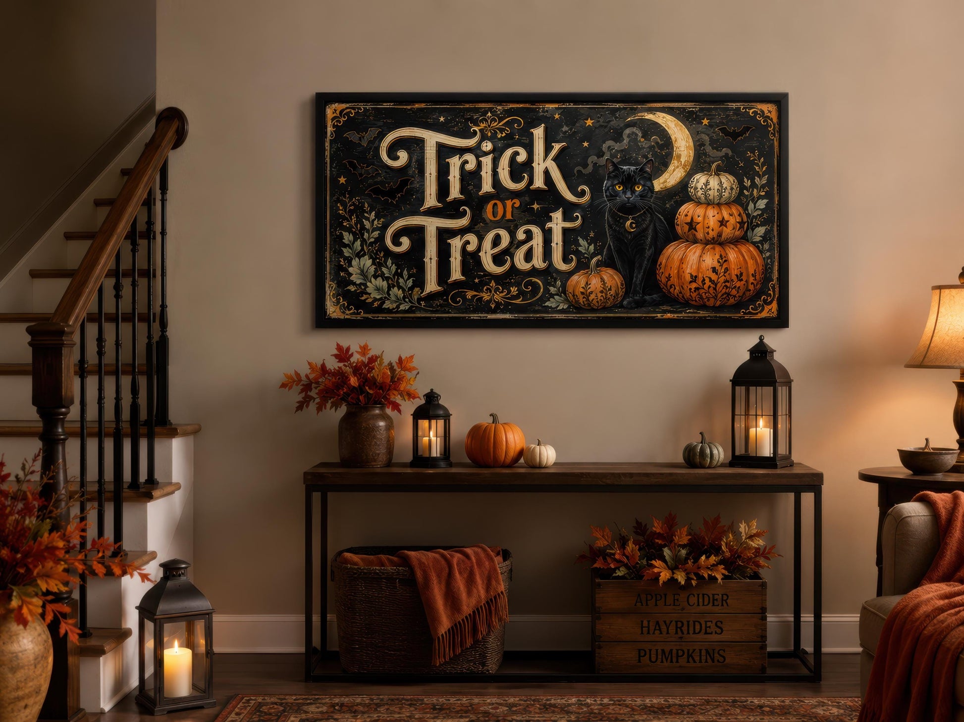 Halloween Wall Art - Vintage Trick Or Treat Sign With Black Cat Pumpkin Canvas Print