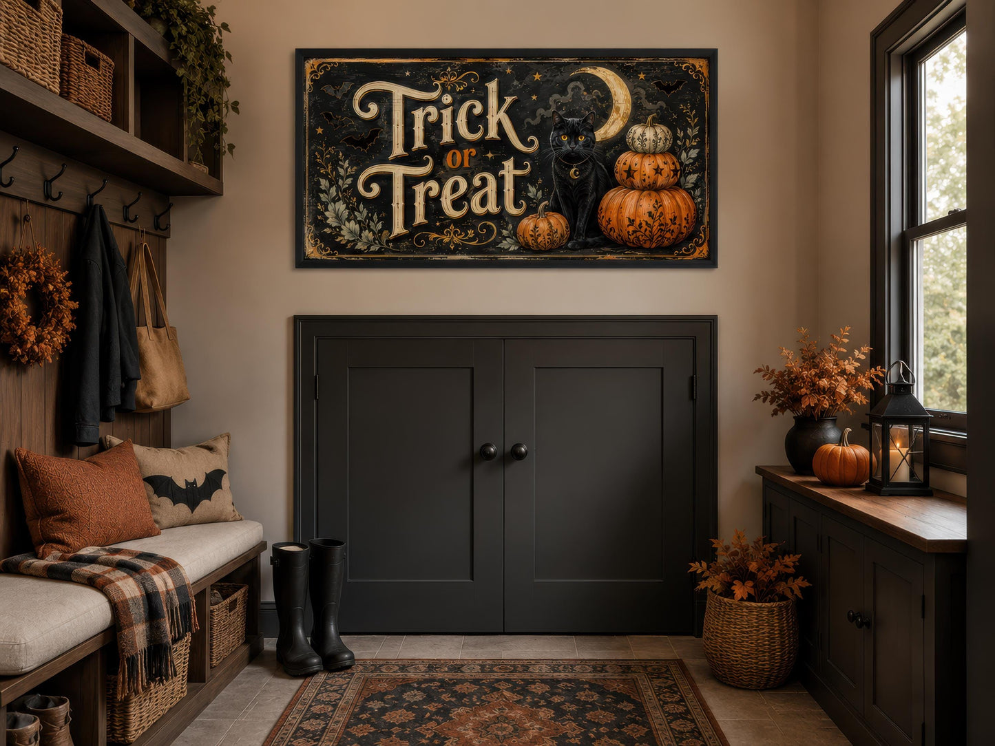 Halloween Wall Art - Vintage Trick Or Treat Sign With Black Cat Pumpkin Canvas Print