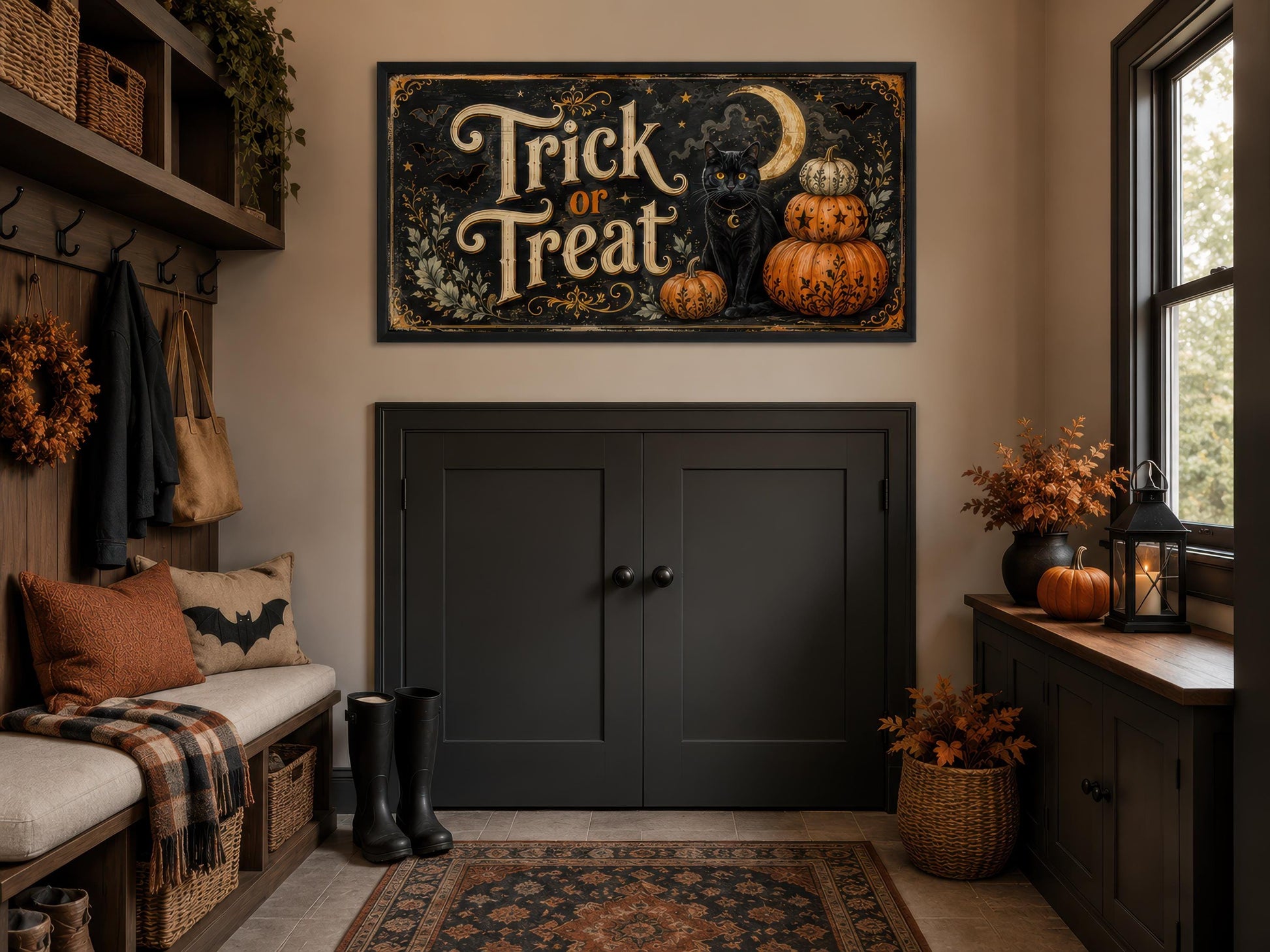 Halloween Wall Art - Vintage Trick Or Treat Sign With Black Cat Pumpkin Canvas Print