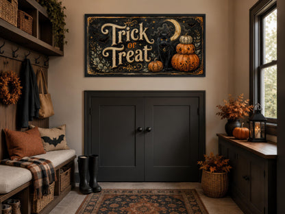 Halloween Wall Art - Vintage Trick Or Treat Sign With Black Cat Pumpkin Canvas Print