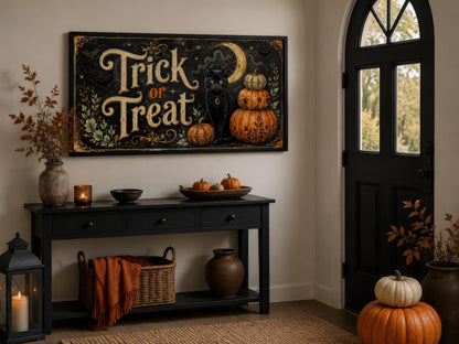 Halloween Wall Art - Vintage Trick Or Treat Sign With Black Cat Pumpkin Canvas Print