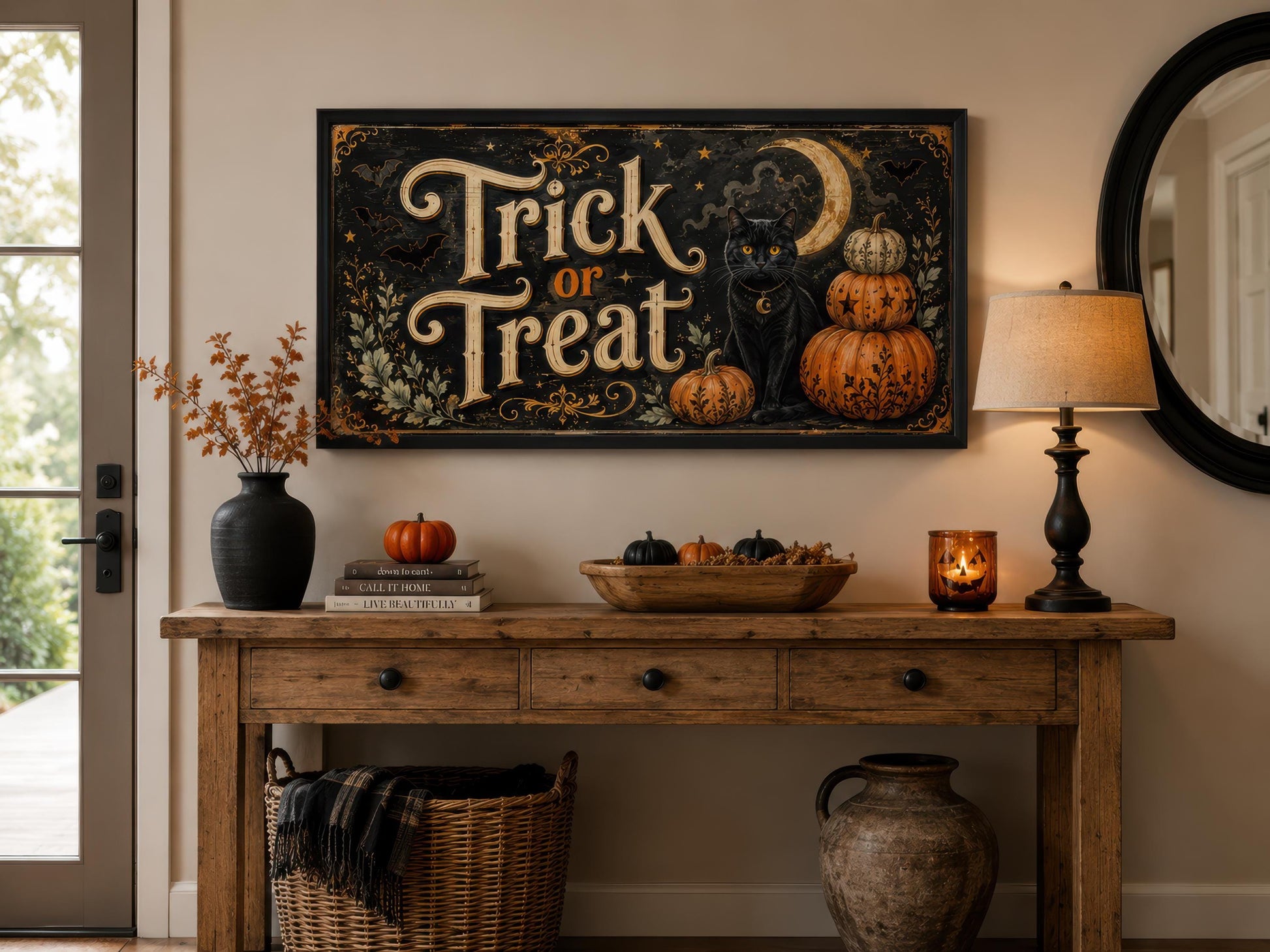 Halloween Wall Art - Vintage Trick Or Treat Sign With Black Cat Pumpkin Canvas Print