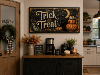 Halloween Wall Art - Vintage Trick Or Treat Sign With Black Cat Pumpkin Canvas Print