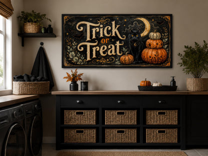 Halloween Wall Art - Vintage Trick Or Treat Sign With Black Cat Pumpkin Canvas Print