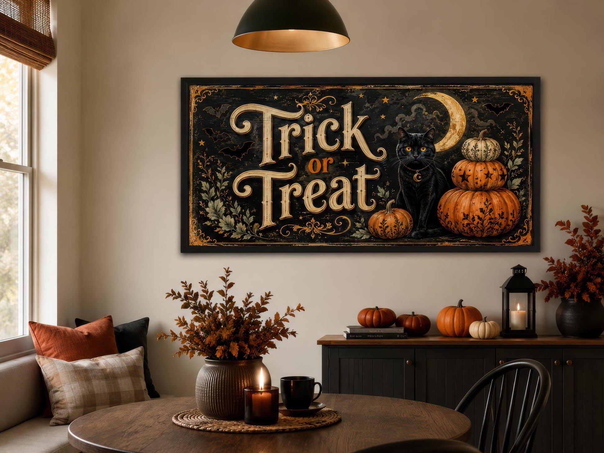 Halloween Wall Art - Vintage Trick Or Treat Sign With Black Cat Pumpkin Canvas Print