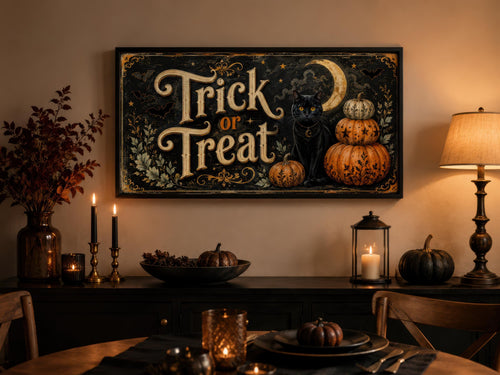 Halloween Wall Art - Vintage Trick Or Treat Sign With Black Cat Pumpkin Canvas Print
