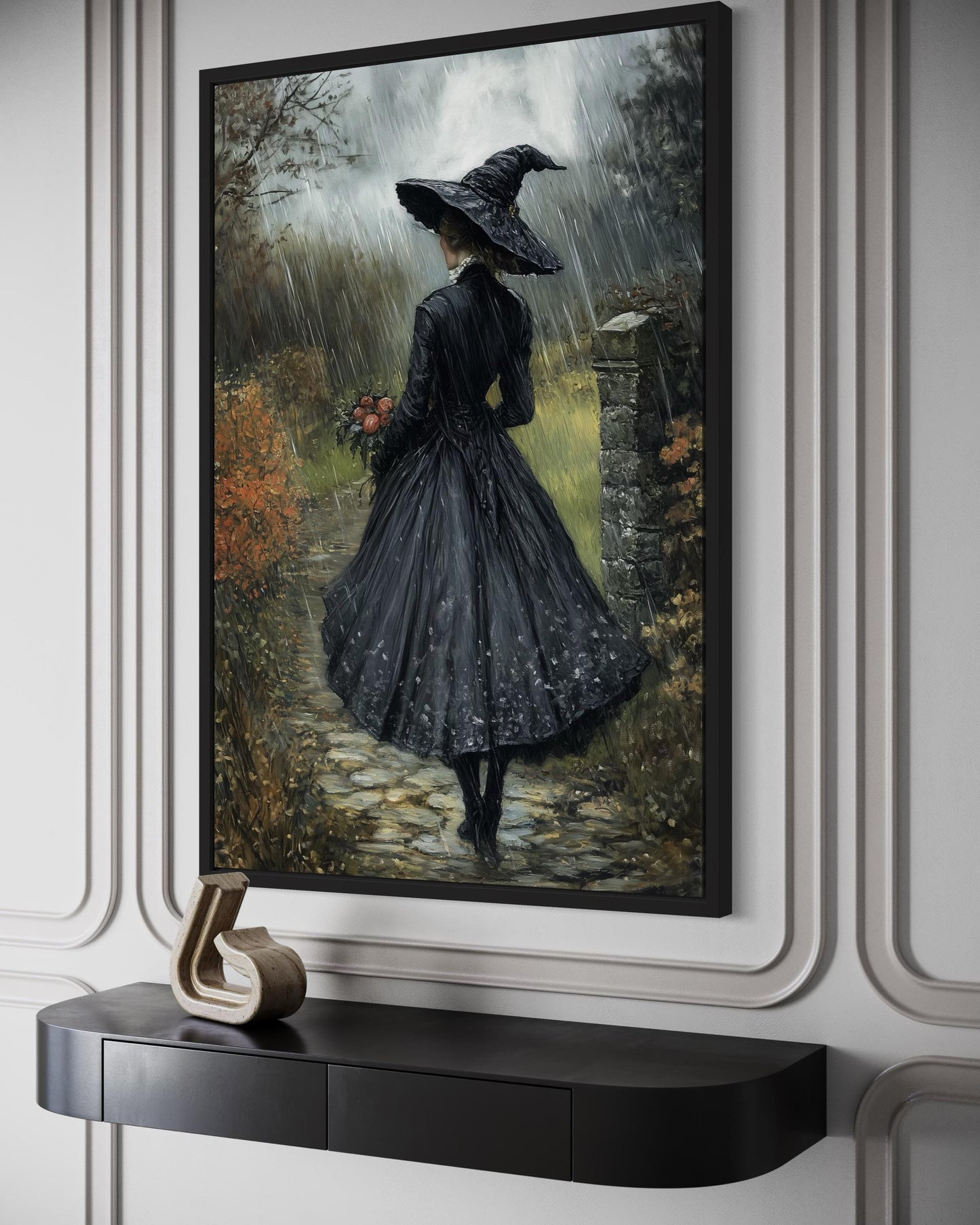 Halloween Witch in Black Hat Walking in Rain with Flowers Bouquet Wall Art