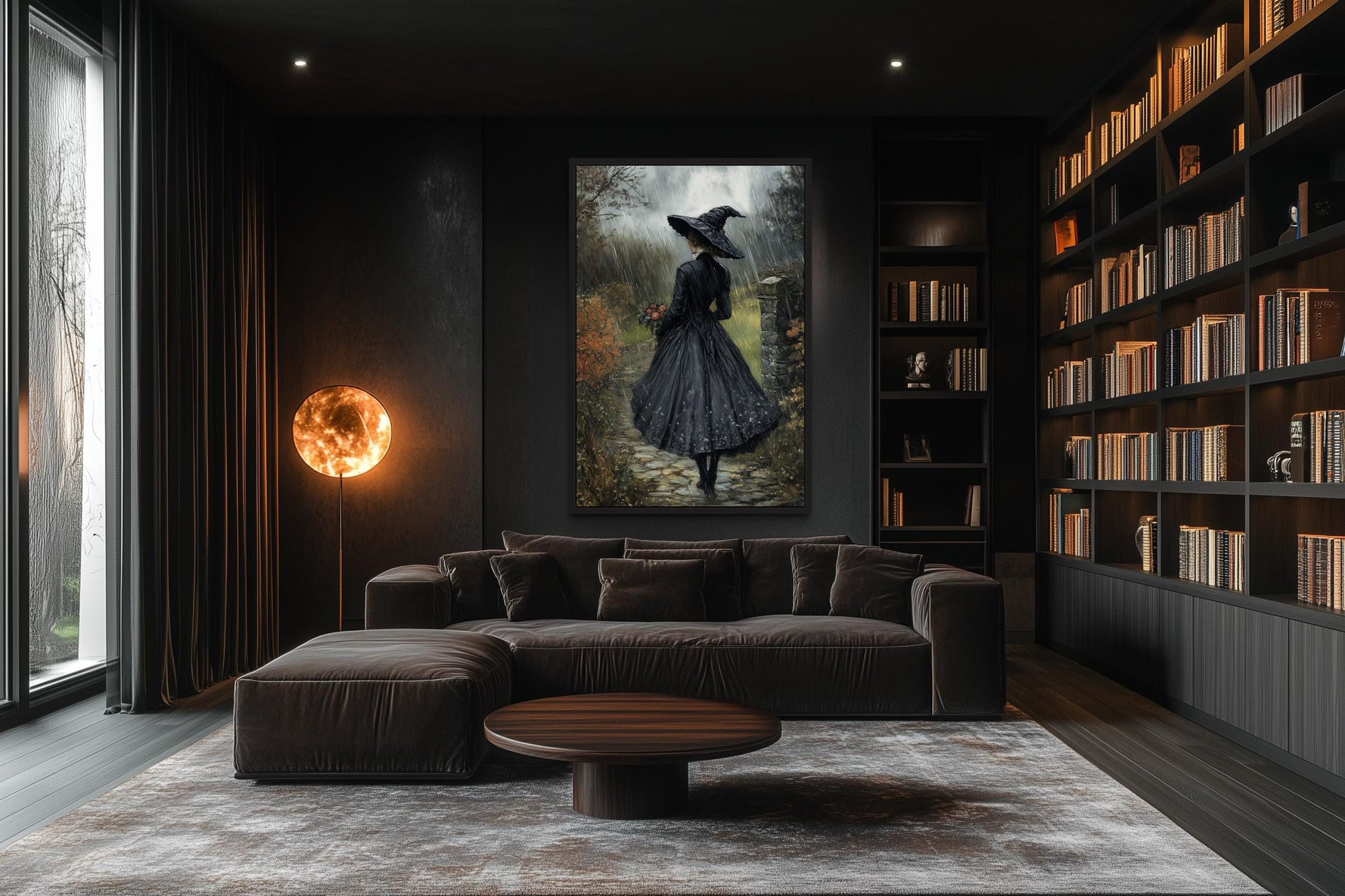 Halloween Witch in Black Hat Walking in Rain with Flowers Bouquet Wall Art