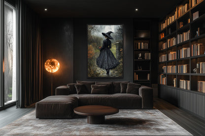 Halloween Witch in Black Hat Walking in Rain with Flowers Bouquet Wall Art