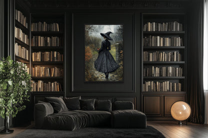 Halloween Witch in Black Hat Walking in Rain with Flowers Bouquet Wall Art