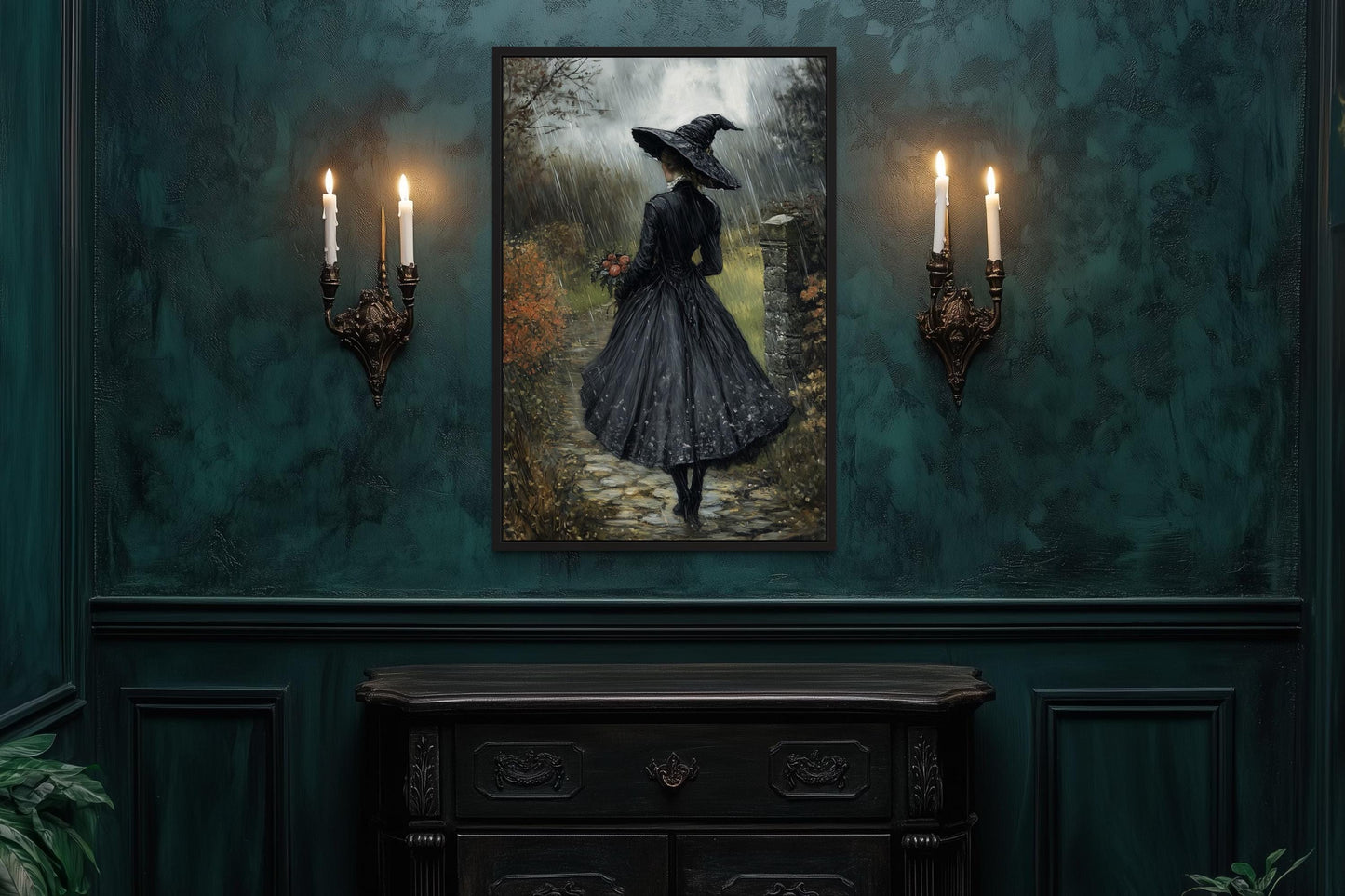 Halloween Witch in Black Hat Walking in Rain with Flowers Bouquet Wall Art