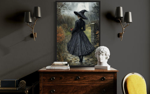 Halloween Witch in Black Hat Walking in Rain with Flowers Bouquet Wall Art