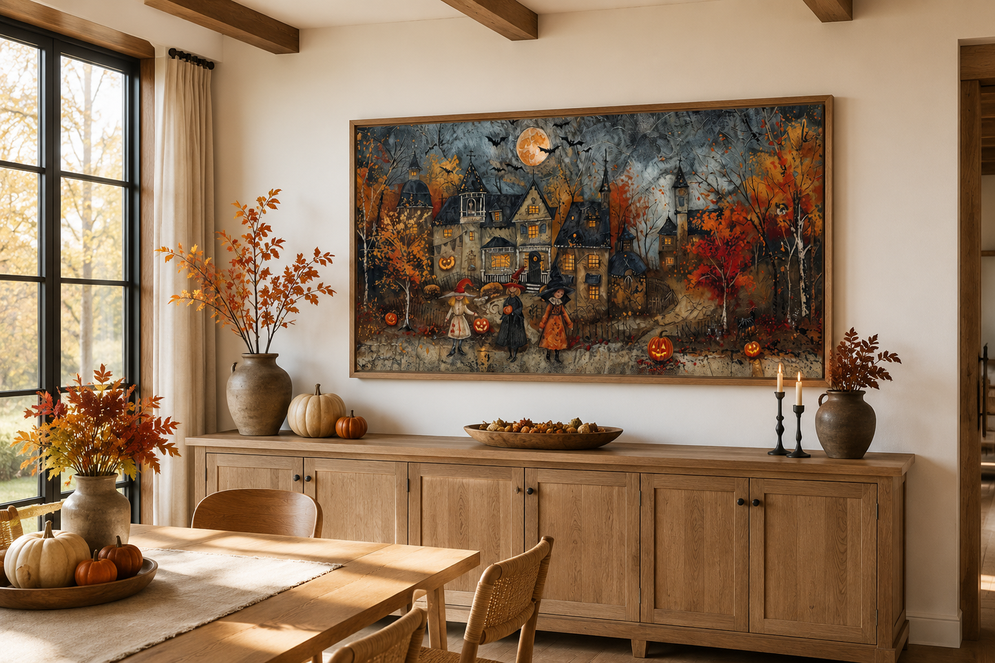 Halloween Wall Art – Cute Children Trick Or Treat Decorated Village Canvas