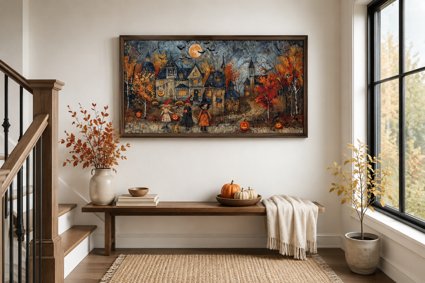Halloween Wall Art – Cute Children Trick Or Treat Decorated Village Canvas