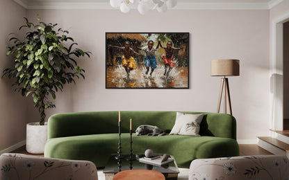 Happy African Boys Dancing In Rain Framed Canvas Wall Art
