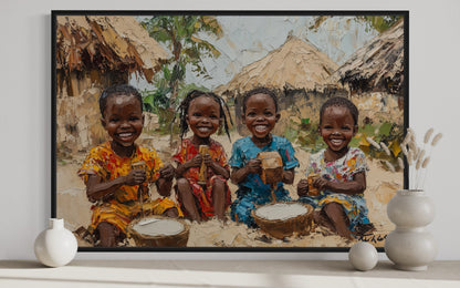 Happy African Children Playing In The Village Framed Canvas Wall Art