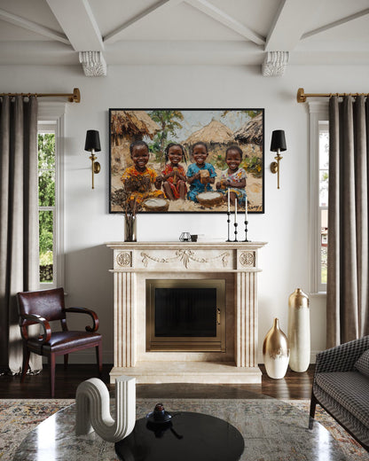 Happy African Children Playing In The Village Framed Canvas Wall Art