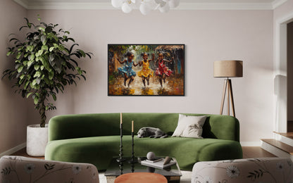 Happy African Girls Dancing In Rain Framed Canvas Wall Art