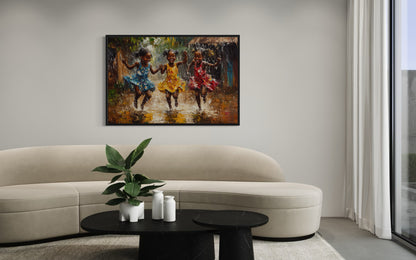 Happy African Girls Dancing In Rain Framed Canvas Wall Art