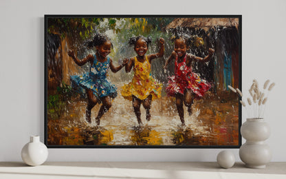 Happy African Girls Dancing In Rain Framed Canvas Wall Art