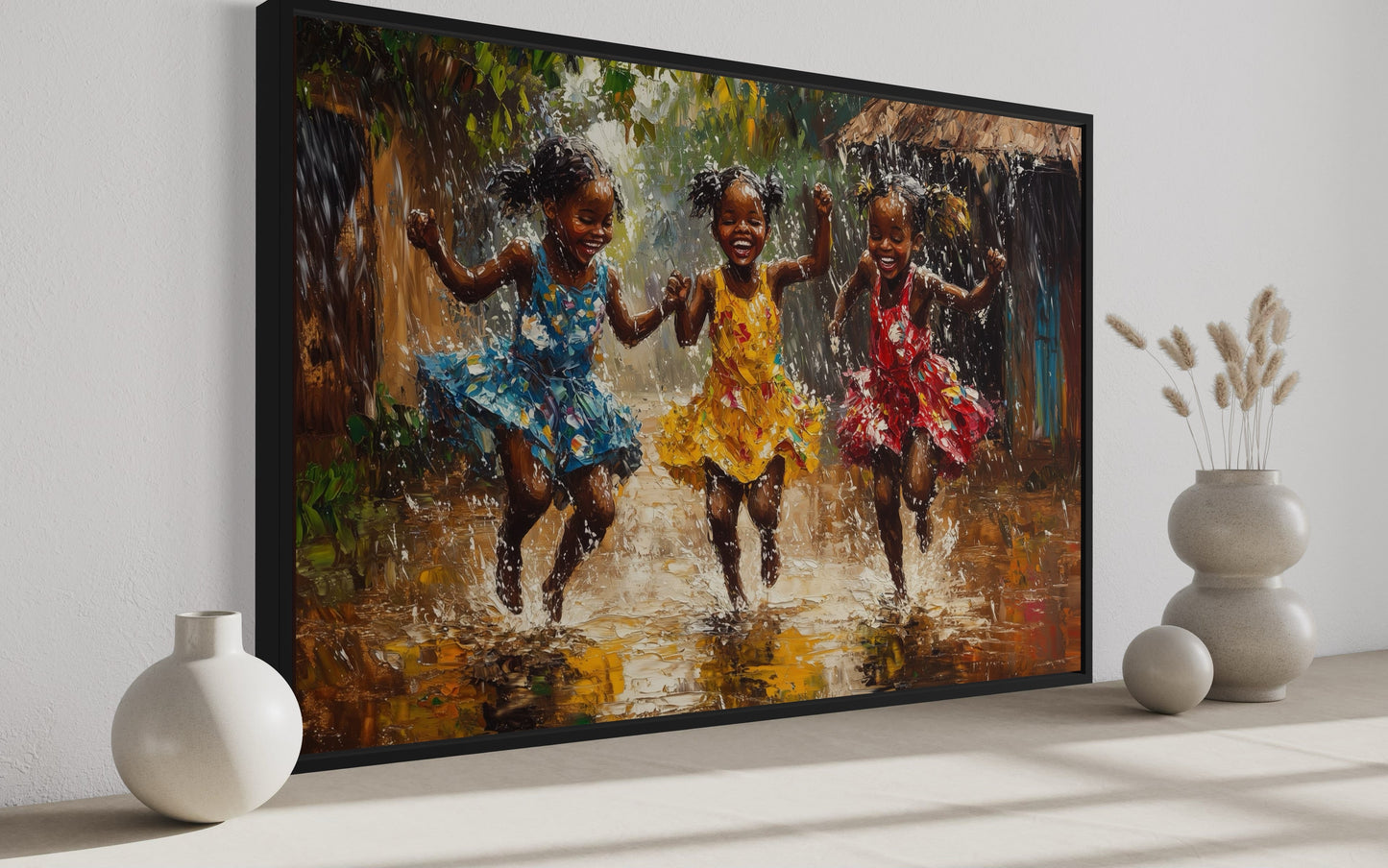 Happy African Girls Dancing In Rain Framed Canvas Wall Art
