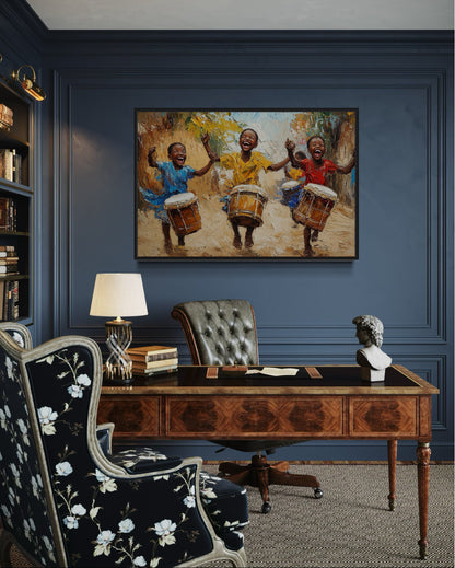 Happy African Kids Playing Drums Framed Canvas Wall Art