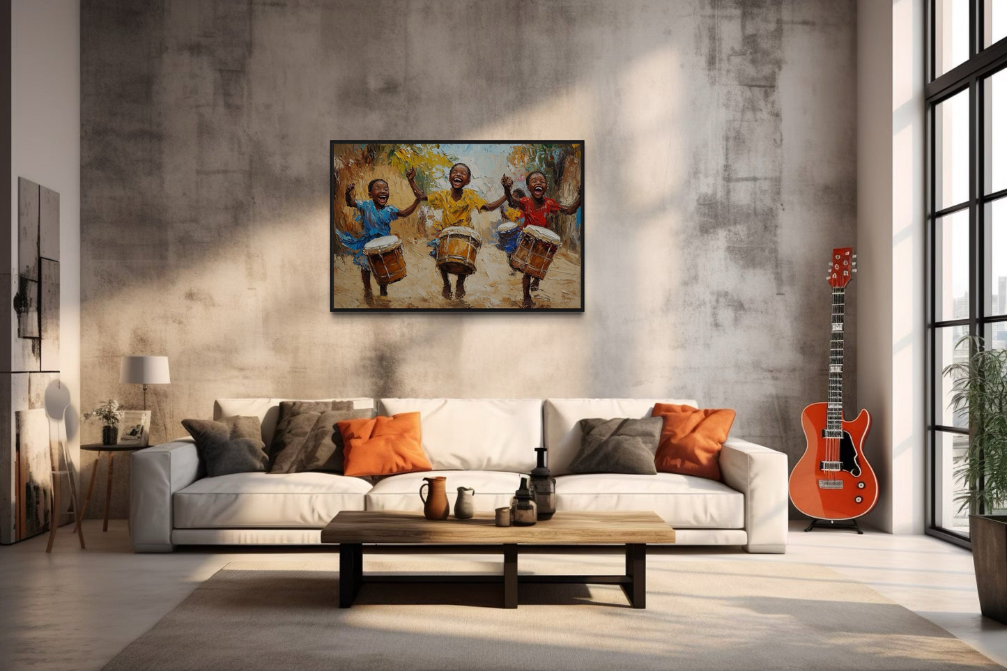 Happy African Kids Playing Drums Framed Canvas Wall Art