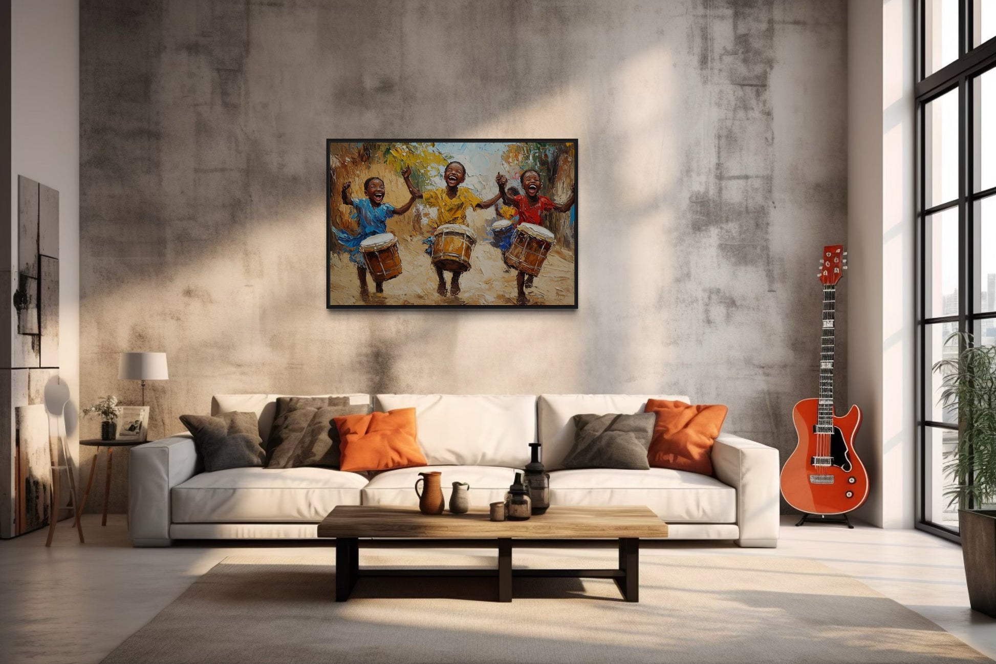 Happy African Kids Playing Drums Framed Canvas Wall Art