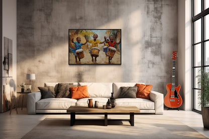 Happy African Kids Playing Drums Framed Canvas Wall Art