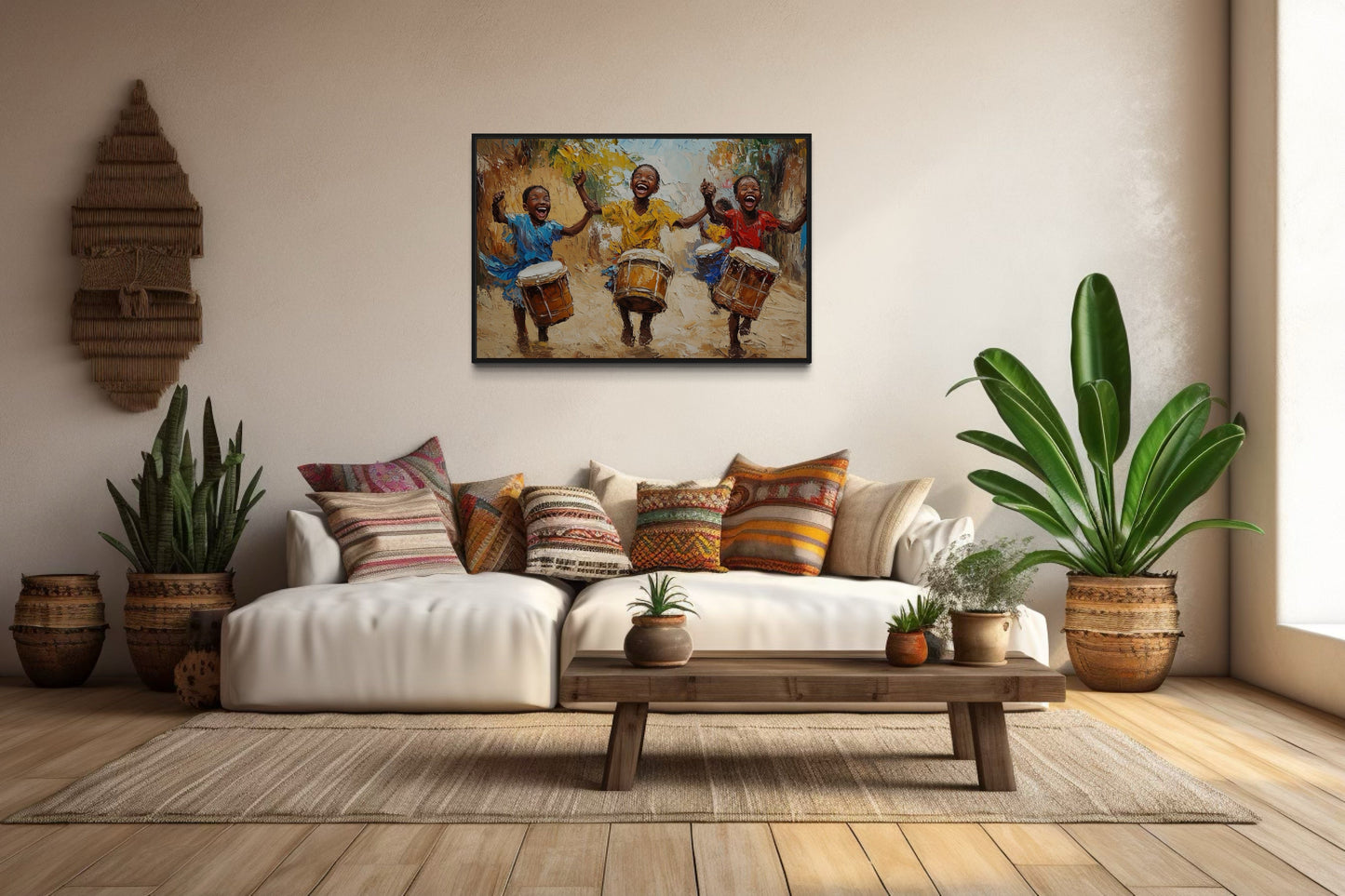 Happy African Kids Playing Drums Framed Canvas Wall Art