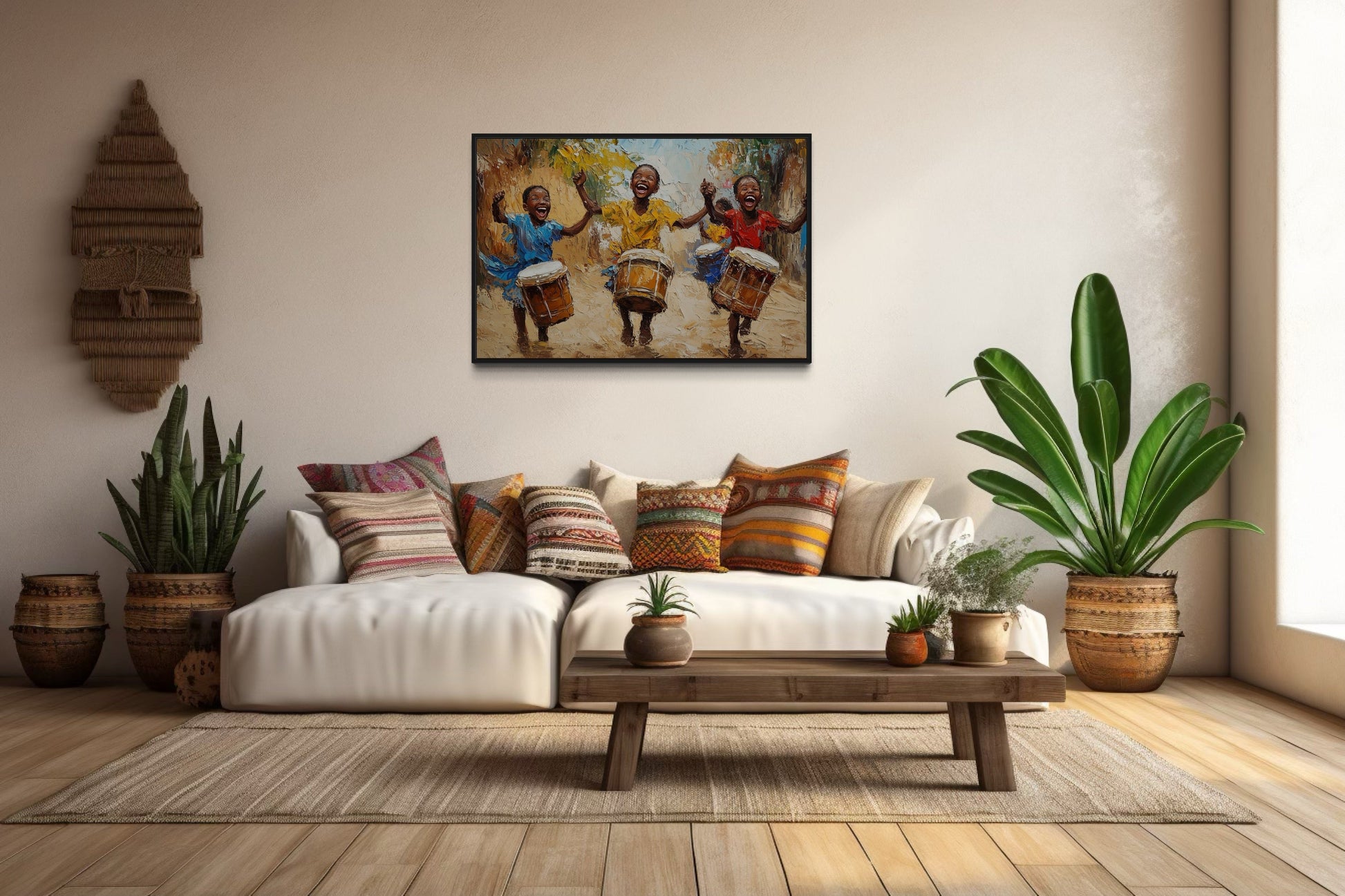 Happy African Kids Playing Drums Framed Canvas Wall Art